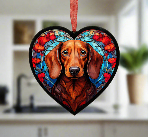 Dachshund Red Stained Glass Effect Heart Suncatcher